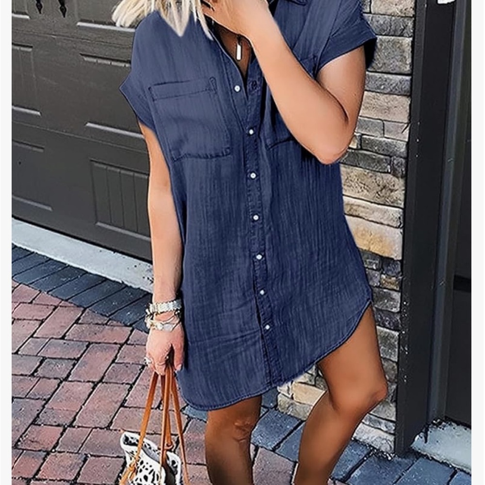 Casual Navy Button-Front Mini Shirt Dress